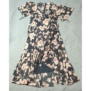 Calvin Klein Women's Dark Green Floral Midi Faux Wrap Dress Sz 2 With Flutter...